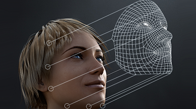  A digital illustration showing a wireframe model of a human face extending outward from a partially obscured head, symbolizing facial recognition or 3D scanning technology, set against a dark background.